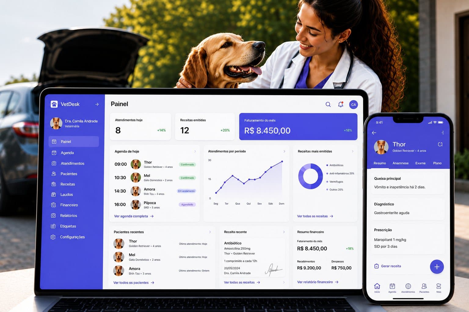 Veterinária autônoma atendendo um cão ao lado do carro, com o painel do VetDesk aberto no notebook e no celular